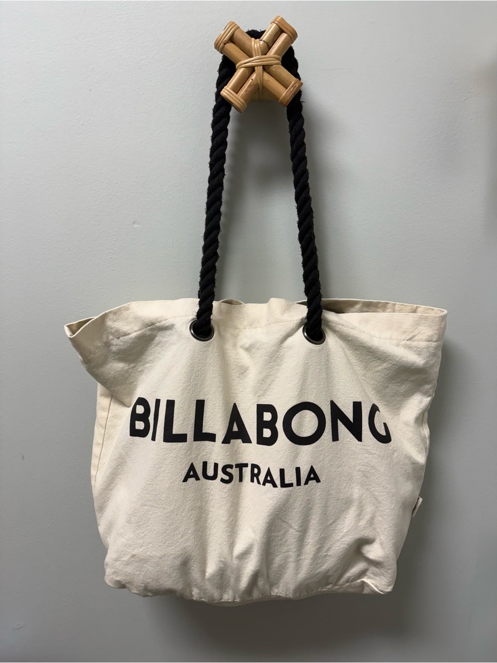 Billabong Cream Canvas Tote with Black Rope Handles
